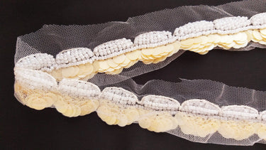 White Net Lace With Beige Sequins and Off White Beads, Scallop Trim, Exclusive Laces